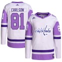 Adidas Washington Capitals Men's Adam Carlson Authentic White/Purple Hockey Fights Cancer Primegreen NHL Jersey