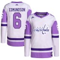 Adidas Washington Capitals Men's Joel Edmundson Authentic White/Purple Hockey Fights Cancer Primegreen NHL Jersey
