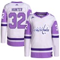Adidas Washington Capitals Men's Dale Hunter Authentic White/Purple Hockey Fights Cancer Primegreen NHL Jersey