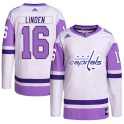 Adidas Washington Capitals Men's Trevor Linden Authentic White/Purple Hockey Fights Cancer Primegreen NHL Jersey