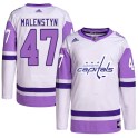 Adidas Washington Capitals Youth Beck Malenstyn Authentic White/Purple Hockey Fights Cancer Primegreen NHL Jersey