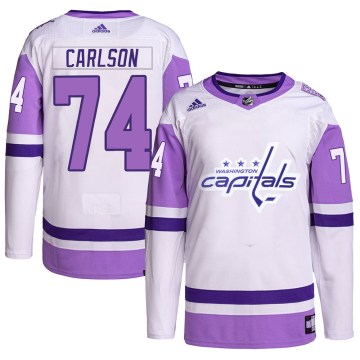 Adidas Washington Capitals Men's John Carlson Authentic White/Purple Hockey Fights Cancer Primegreen NHL Jersey