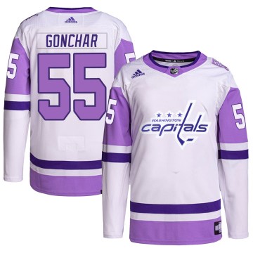 Adidas Washington Capitals Men's Sergei Gonchar Authentic White/Purple Hockey Fights Cancer Primegreen NHL Jersey