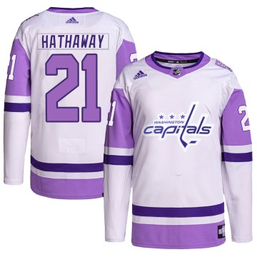 Adidas Washington Capitals Men's Garnet Hathaway Authentic White/Purple Hockey Fights Cancer Primegreen NHL Jersey
