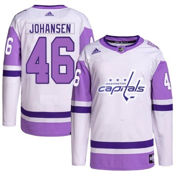 Adidas Washington Capitals Men's Lucas Johansen Authentic White/Purple Hockey Fights Cancer Primegreen NHL Jersey