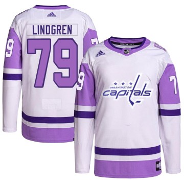 Adidas Washington Capitals Men's Charlie Lindgren Authentic White/Purple Hockey Fights Cancer Primegreen NHL Jersey