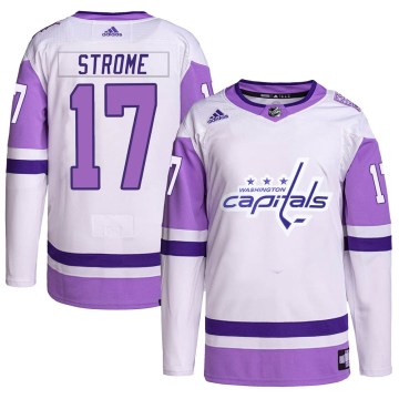 Adidas Washington Capitals Men's Dylan Strome Authentic White/Purple Hockey Fights Cancer Primegreen NHL Jersey