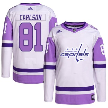 Adidas Washington Capitals Youth Adam Carlson Authentic White/Purple Hockey Fights Cancer Primegreen NHL Jersey