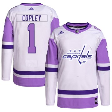 Adidas Washington Capitals Youth Pheonix Copley Authentic White/Purple Hockey Fights Cancer Primegreen NHL Jersey
