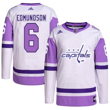 Adidas Washington Capitals Youth Joel Edmundson Authentic White/Purple Hockey Fights Cancer Primegreen NHL Jersey