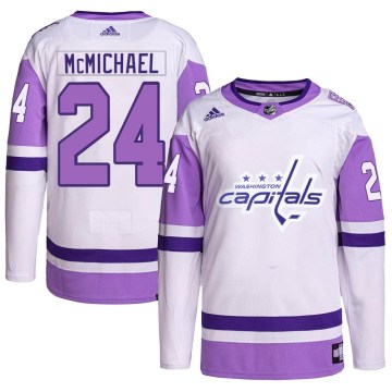 Adidas Washington Capitals Youth Connor McMichael Authentic White/Purple Hockey Fights Cancer Primegreen NHL Jersey
