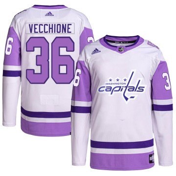 Adidas Washington Capitals Youth Mike Vecchione Authentic White/Purple Hockey Fights Cancer Primegreen NHL Jersey